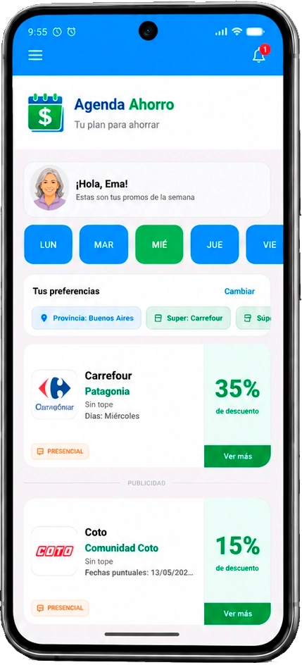 Pantalla principal de Agenda Ahorro